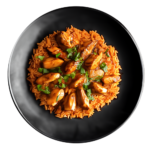Een bord met gezonde kip teriyaki over rijst, gegarneerd met verse kruiden