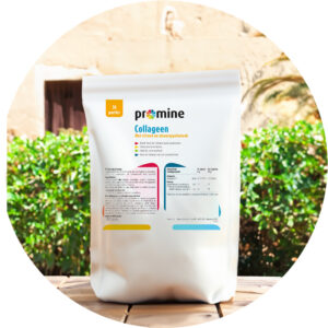 Promine Collageen supplement verpakking, gepresenteerd tegen een natuurlijke achtergrond, benadrukt als premium ondersteuning voor spieropbouw en algehele vitaliteit.