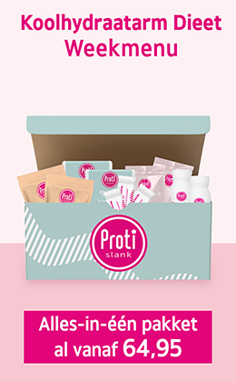 Een koolhydraatarm dieet pakket gekleurd in pastelkleuren met promotie opschrift